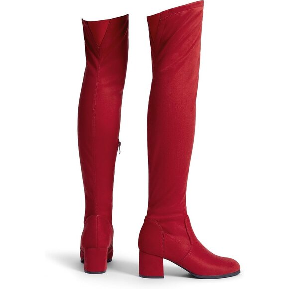 Women's Red Suede Over The Knee Thigh High Chunky Heel Long Stretch Fall Boots - Picture 3 of 6
